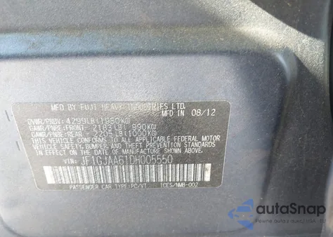 2013 Subaru Impreza 2.0I z USA, uszkodzony, nr VIN JF1GJAA61DH005550